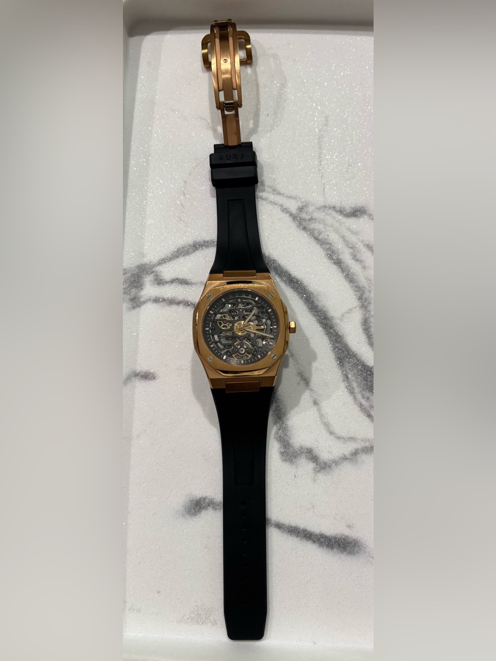 Aura Rose Gold Skeleton Dial Watch with Black Strap